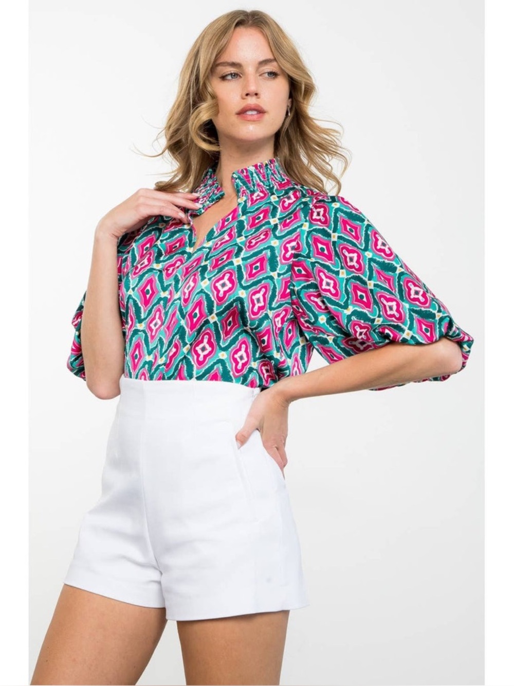 THML Teal and Hot Pink Printed Ruffle-Neck Puff Sleeve Blouse - Picture 2 of 16